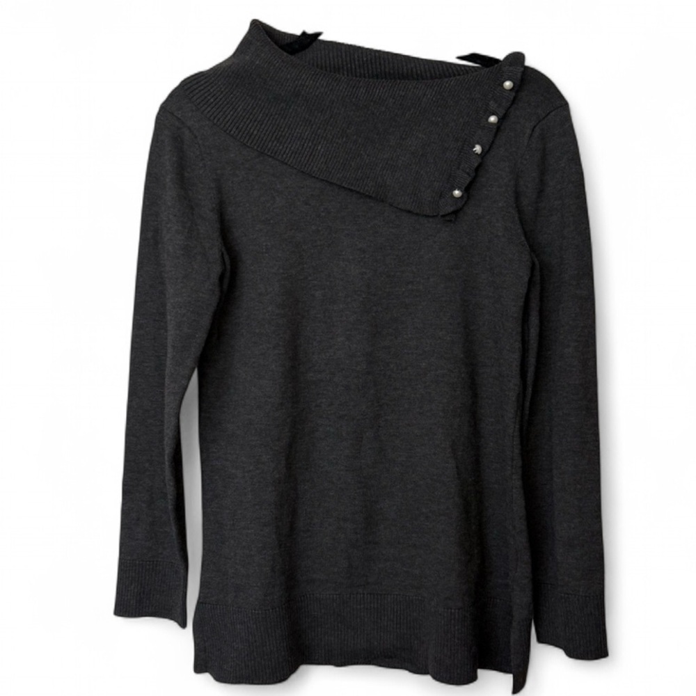 Cable & Gauge Charcoal Gray Asymmetric Neck Sweater - Pearl Detail - Size S/P - Picture 2 of 8
